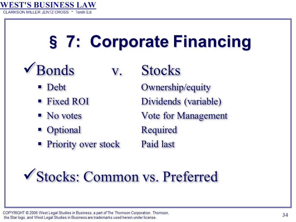 34 § 7: Corporate Financing Bonds v. Stocks Debt Ownership/equity Fixed ROI Dividends (variable)